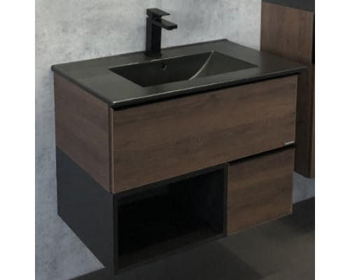 Мебель для ванной Comforty Франкфурт 75, дуб шоколадно-коричневый, черная раковина